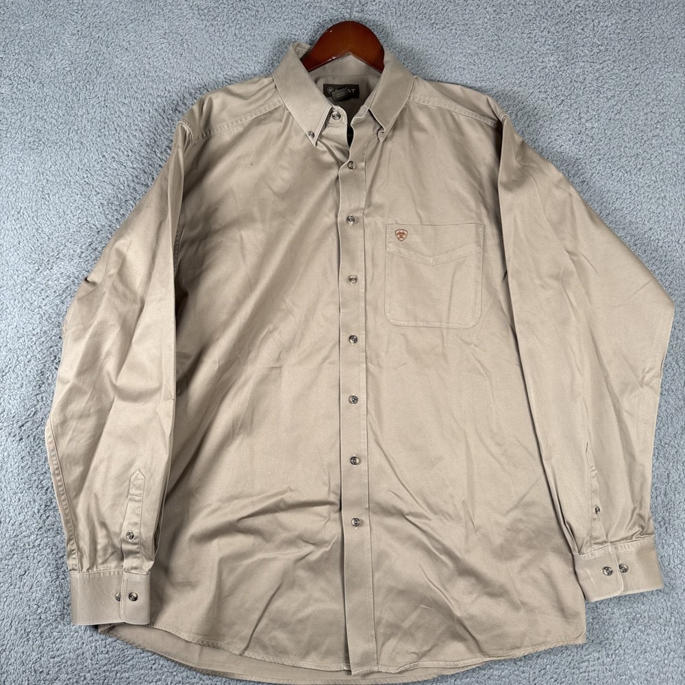 Ariat Button Down Shirt Men's XLT Tall Long Sleeve Western Twill Tan Khaki Solid